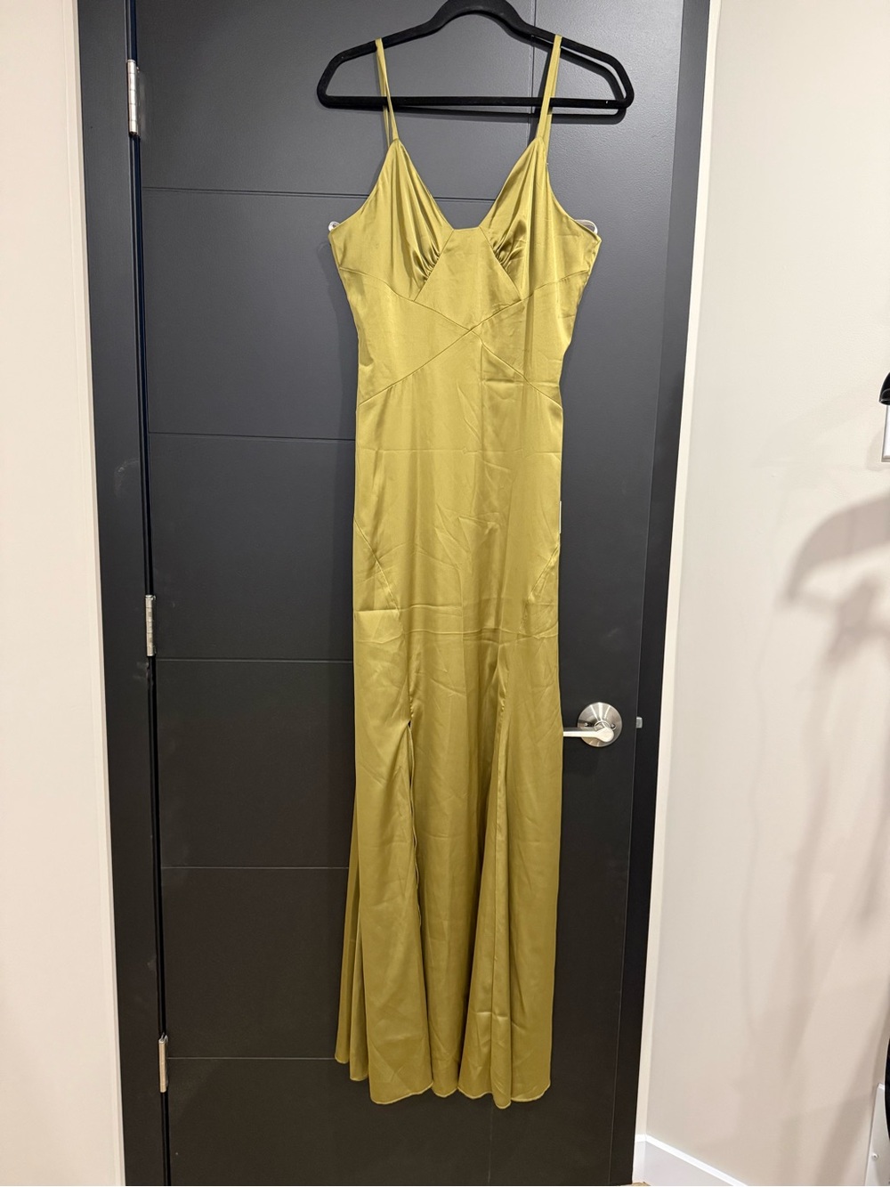 Slender Spaghetti Strap Satin Dress in Olive